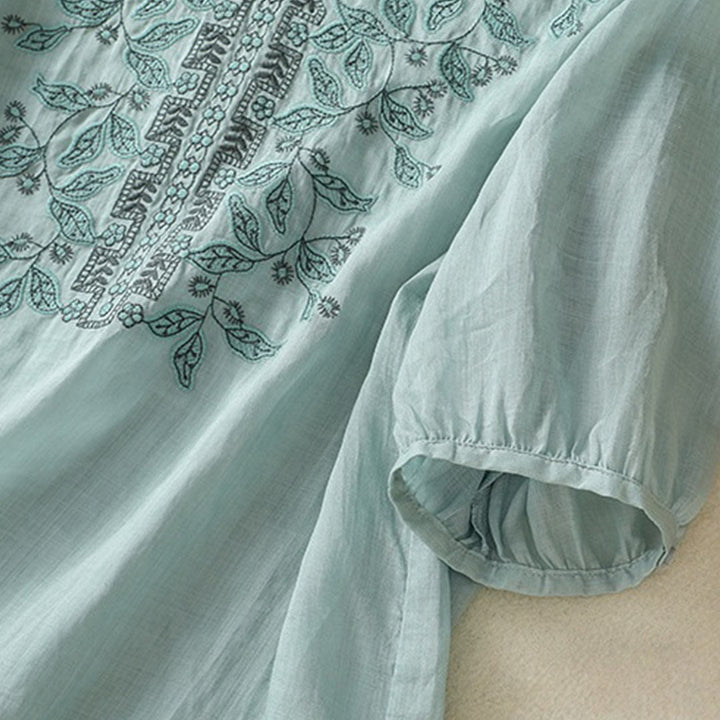 T-shirt décontracté à manches mi-longues en coton et lin pour femme, avec dentelle brodée et Buddha Stones - image 18