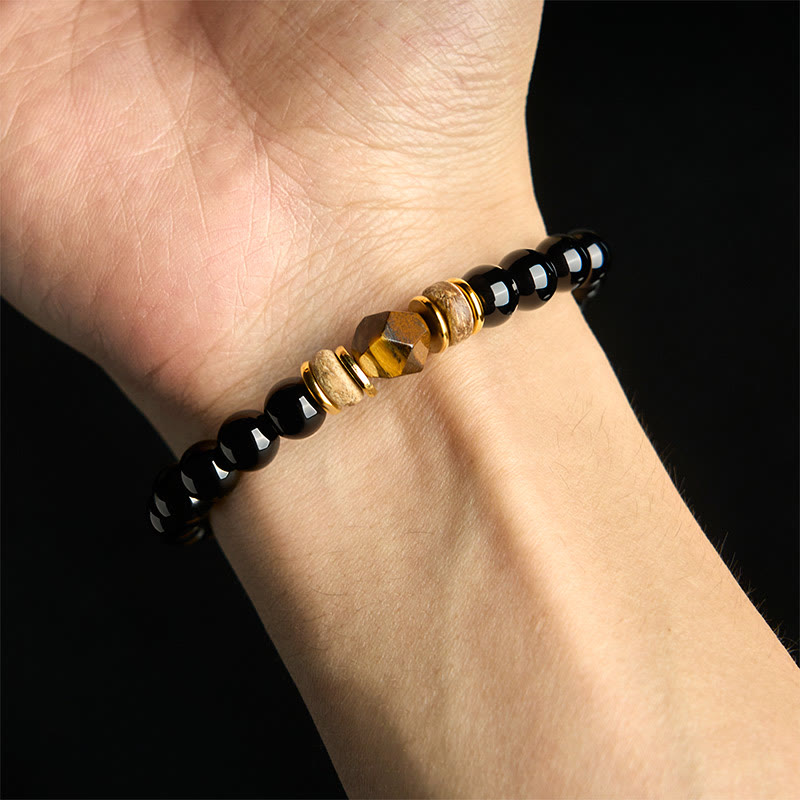 Bracelet de purification en pierre œil de tigre avec perles d'obsidienne noire et Buddha Stones
