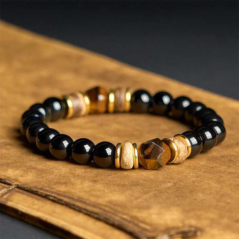 Bracelet de purification en pierre œil de tigre avec perles d'obsidienne noire et Buddha Stones