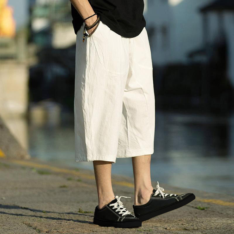 Pantalon d'été en coton et lin avec cordon de serrage et poches pour homme, taille 7-8, motif Buddha Stones