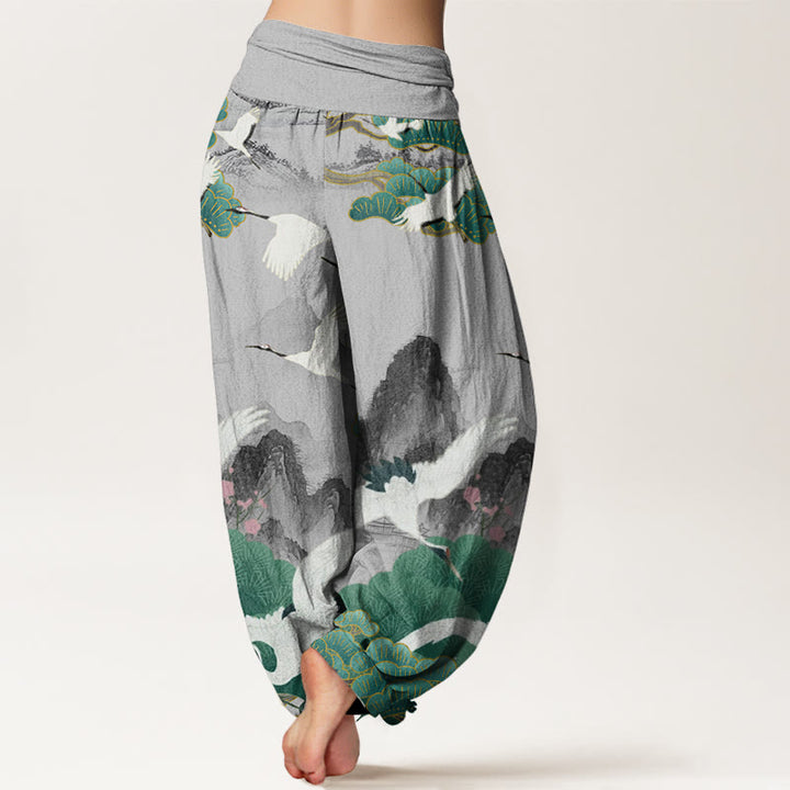 Pantalon harem femme en coton décontracté avec motif de grues, de pins et de paysages, orné de Buddha Stones - image 1