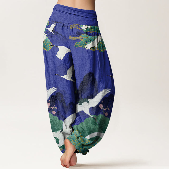 Pantalon harem femme en coton décontracté avec motif de grues, de pins et de paysages, orné de Buddha Stones - image 5