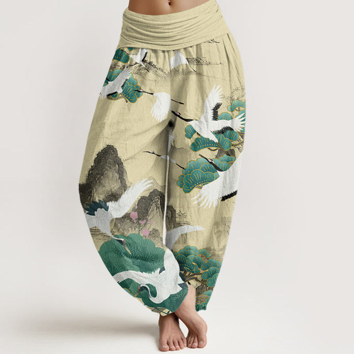 Pantalon harem femme en coton décontracté avec motif de grues, de pins et de paysages, orné de Buddha Stones - LemonChiffon - US22，UK/AU26，EU54 (6XL) - image 7