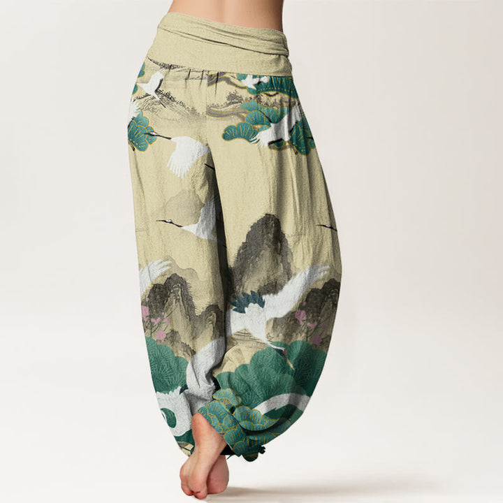 Pantalon harem femme en coton décontracté avec motif de grues, de pins et de paysages, orné de Buddha Stones - image 8