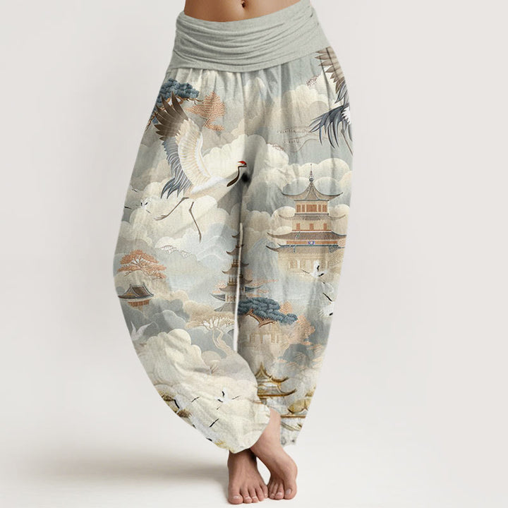 Pantalon harem femme en coton décontracté à motif de Buddha Stones, grues, nuages ​​et pagodes - Vert foncé - US22，UK/AU26，EU54 (6XL) - image 0