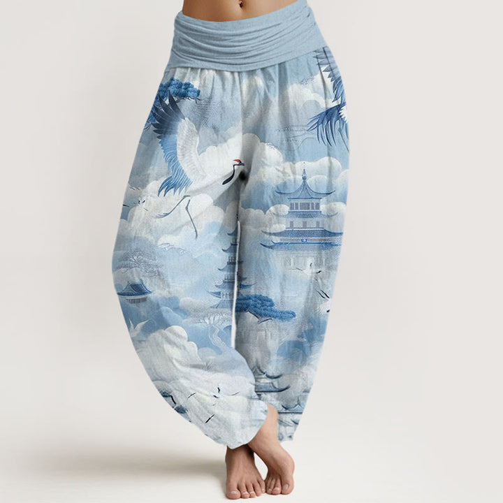 Pantalon harem femme en coton décontracté à motif de Buddha Stones, grues, nuages ​​et pagodes - Bleu ciel clair - US22，UK/AU26，EU54 (6XL) - image 4