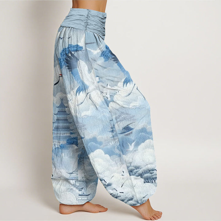 Pantalon harem femme en coton décontracté à motif de Buddha Stones, grues, nuages ​​et pagodes - image 6