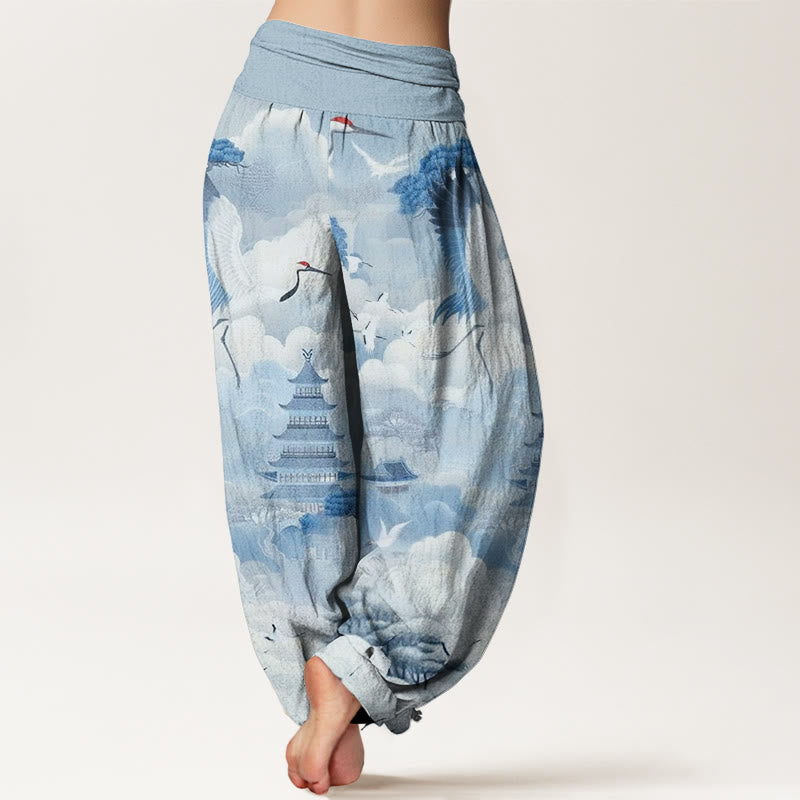 Pantalon Buddha Stones décontracté pour femme avec motif de grues, nuages et pagodes - image 5