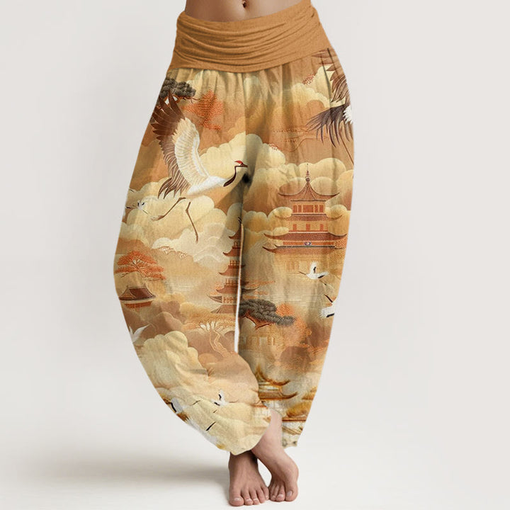 Pantalon Buddha Stones décontracté pour femme avec motif de grues, nuages et pagodes - Verge d'or - US22，UK/AU26，EU54 (6XL) - image 8