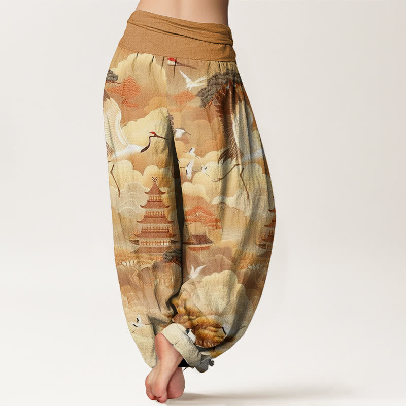 Pantalon Buddha Stones décontracté pour femme avec motif de grues, nuages et pagodes - image 9