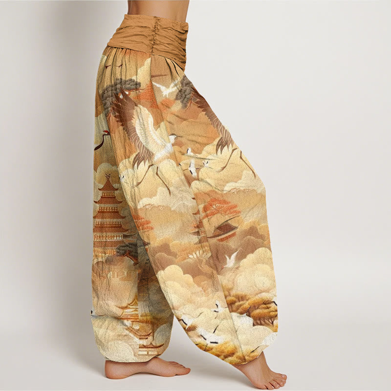 Pantalon Buddha Stones décontracté pour femme avec motif de grues, nuages et pagodes - image 9