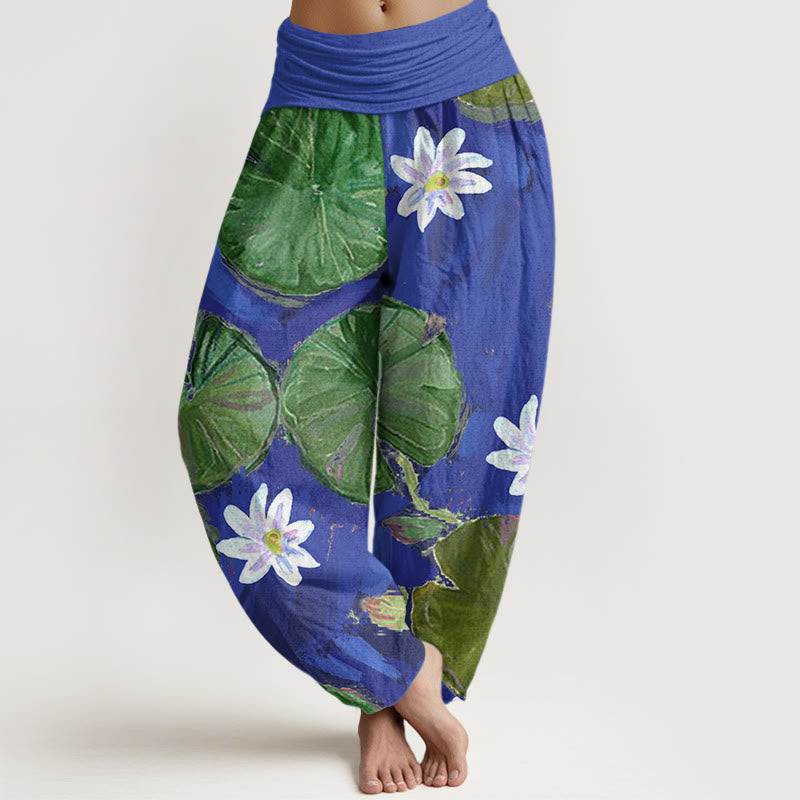 Pantalon Buddha Stones de lotus vertes et de fleurs blanches - Bleu ardoise - US22，UK/AU26，EU54 (6XL) - image 1