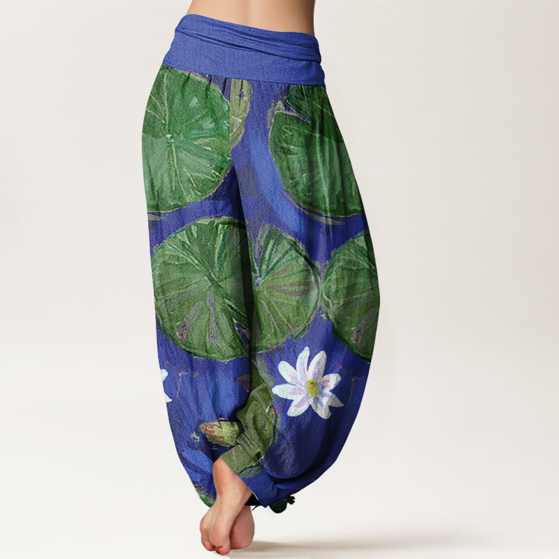 Pantalon harem femme en coton décontracté vert à motif de Buddha Stones de lotus et fleurs blanches - image 1