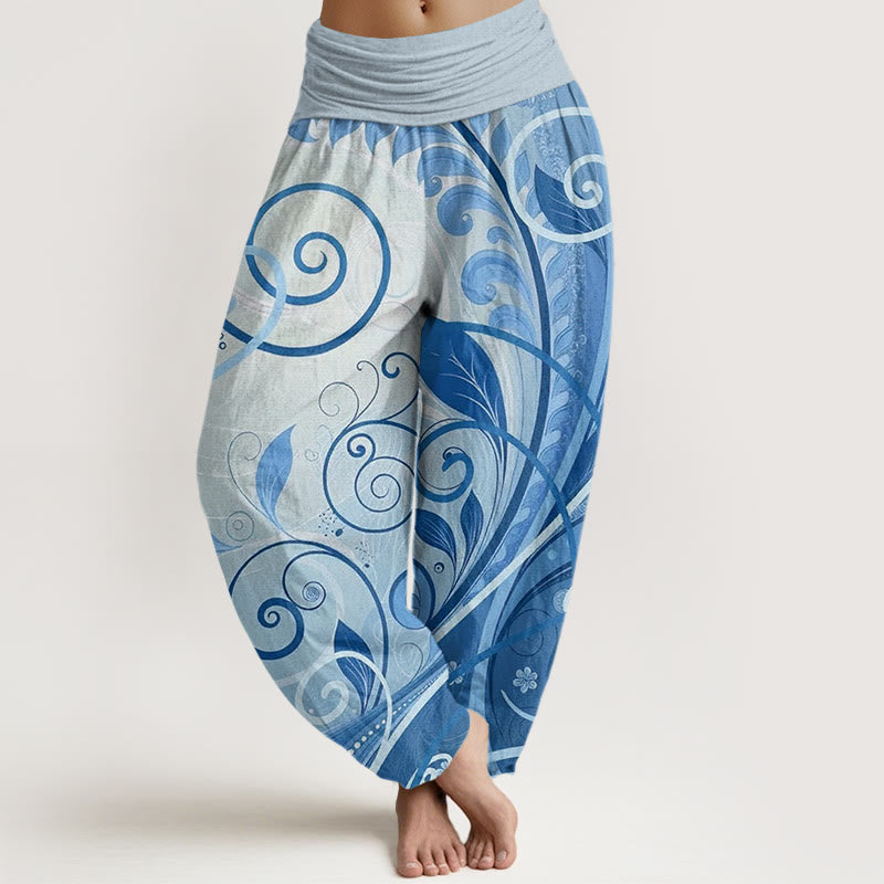 Pantalon harem femme en coton à motif floral et vigne, orné de Buddha Stones - Bleu ciel - US22，UK/AU26，EU54 (6XL) - image 4