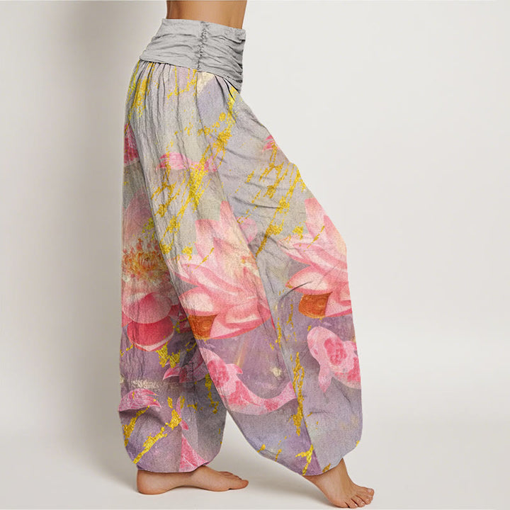 Pantalon harem pour femme en coton décontracté à motif de fleurs de lotus et de carpes koï, orné de Buddha Stones - image 2