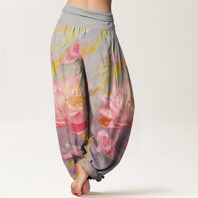 Pantalon harem pour femme en coton décontracté à motif de fleurs de lotus et de carpes koï, orné de Buddha Stones - image 1