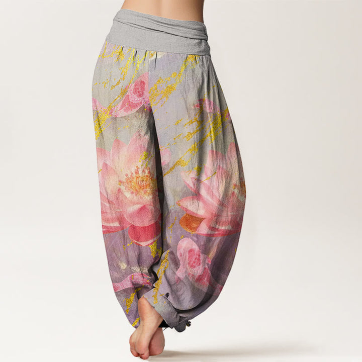 Pantalon harem pour femme en coton décontracté à motif de fleurs de lotus et de carpes koï, orné de Buddha Stones - image 1