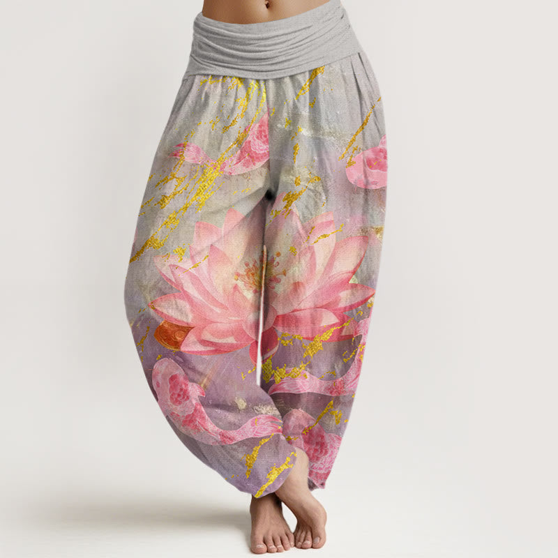 Pantalon harem pour femme en coton décontracté à motif de fleurs de lotus et de carpes koï, orné de Buddha Stones - Gris foncé - US22，UK/AU26，EU54 (6XL) - image 0