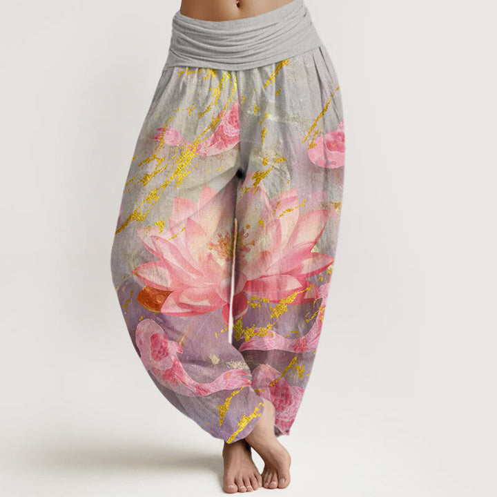 Pantalon harem pour femme en coton décontracté à motif de fleurs de lotus et de carpes koï, orné de Buddha Stones - Gris foncé - US22，UK/AU26，EU54 (6XL) - image 0