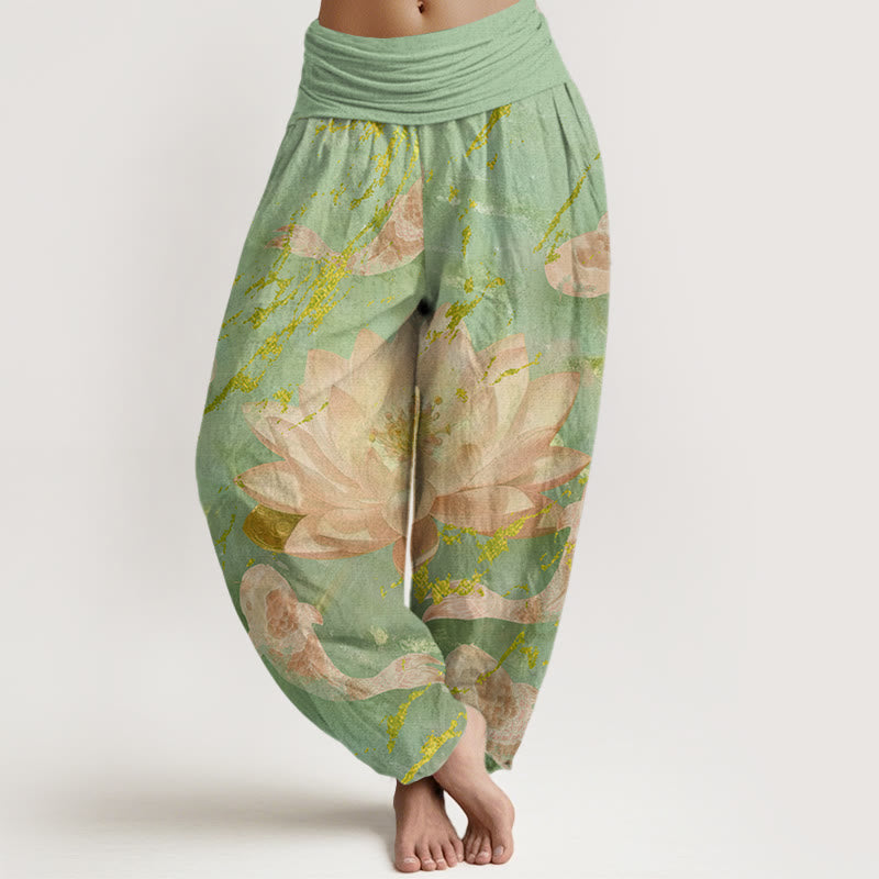 Pantalon harem pour femme en coton décontracté à motif de fleurs de lotus et de carpes koï, orné de Buddha Stones - Vert clair - US22，UK/AU26，EU54 (6XL) - image 4