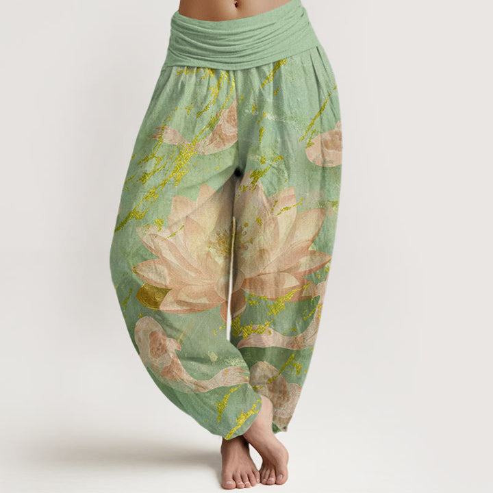 Pantalon harem pour femme en coton décontracté à motif de fleurs de lotus et de carpes koï, orné de Buddha Stones - Vert clair - US22，UK/AU26，EU54 (6XL) - image 4
