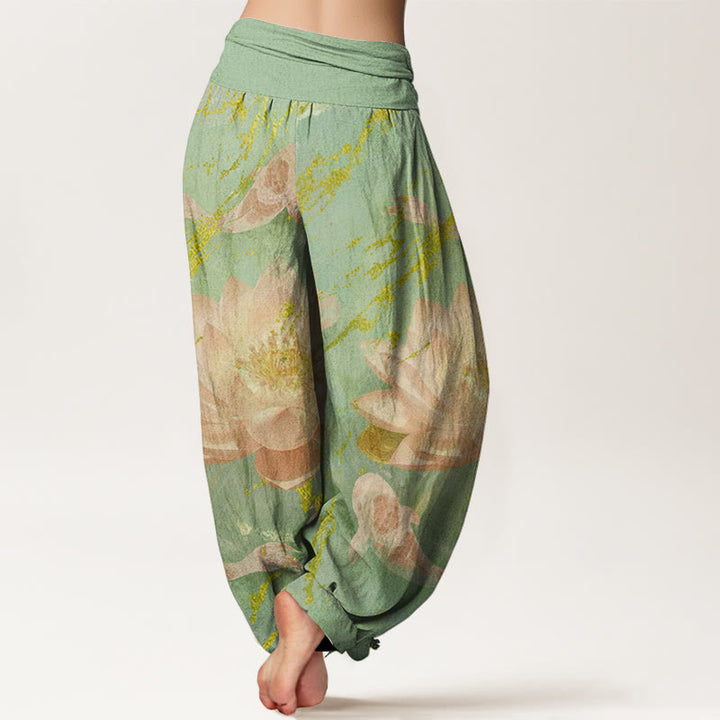 Pantalon harem pour femme en coton décontracté à motif de fleurs de lotus et de carpes koï, orné de Buddha Stones - image 5