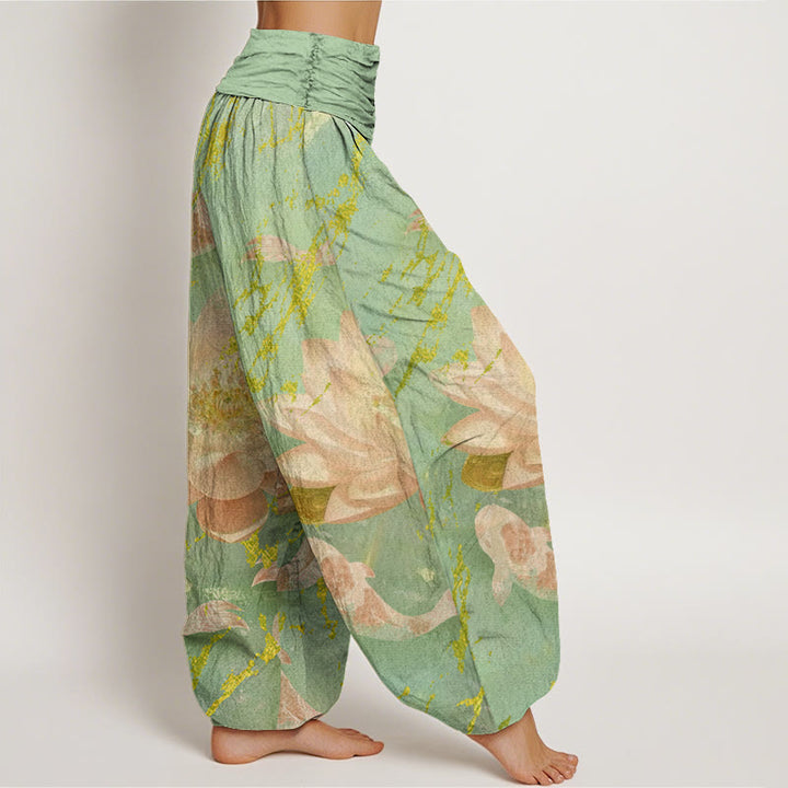 Pantalon harem pour femme en coton décontracté à motif de fleurs de lotus et de carpes koï, orné de Buddha Stones - image 6