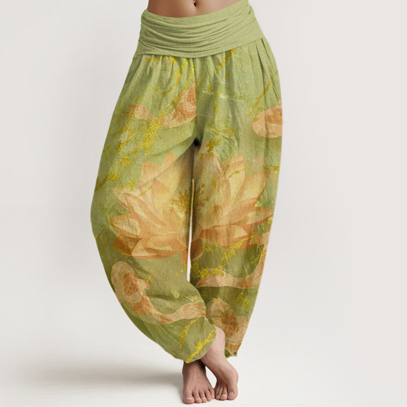 Pantalon harem pour femme en coton décontracté à motif de fleurs de lotus et de carpes koï, orné de Buddha Stones - VertJaune - US22，UK/AU26，EU54 (6XL) - image 7