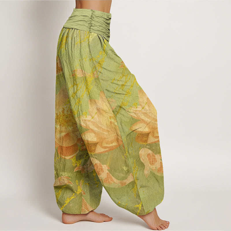 Pantalon harem pour femme en coton décontracté à motif de fleurs de lotus et de carpes koï, orné de Buddha Stones - image 9