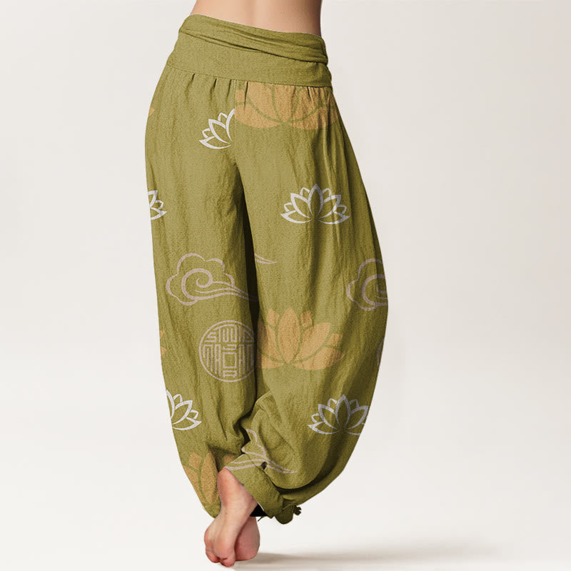 Pantalon harem femme en coton décontracté à motif de Buddha Stones, fleurs de lotus, lanternes et nuages - image 1