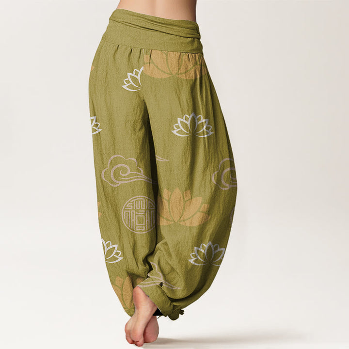 Pantalon harem femme en coton décontracté à motif de Buddha Stones, fleurs de lotus, lanternes et nuages - image 1