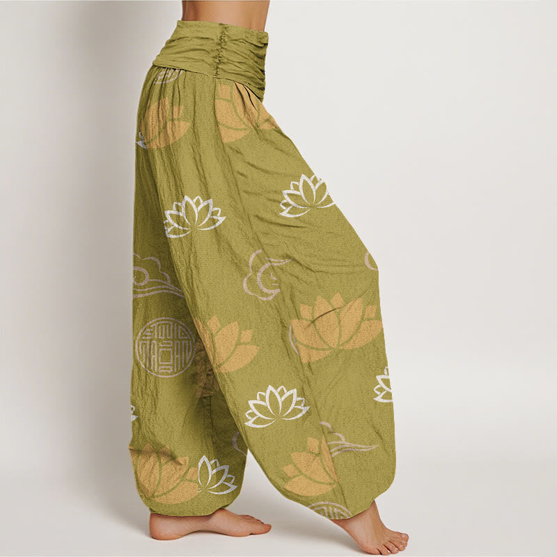 Pantalon harem femme en coton décontracté à motif de Buddha Stones, fleurs de lotus, lanternes et nuages - image 2
