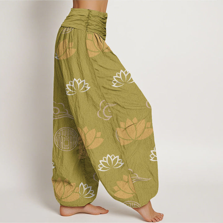 Pantalon Buddha Stones décontracté pour femme avec motifs de fleurs de lotus, lanternes et nuages - image 3