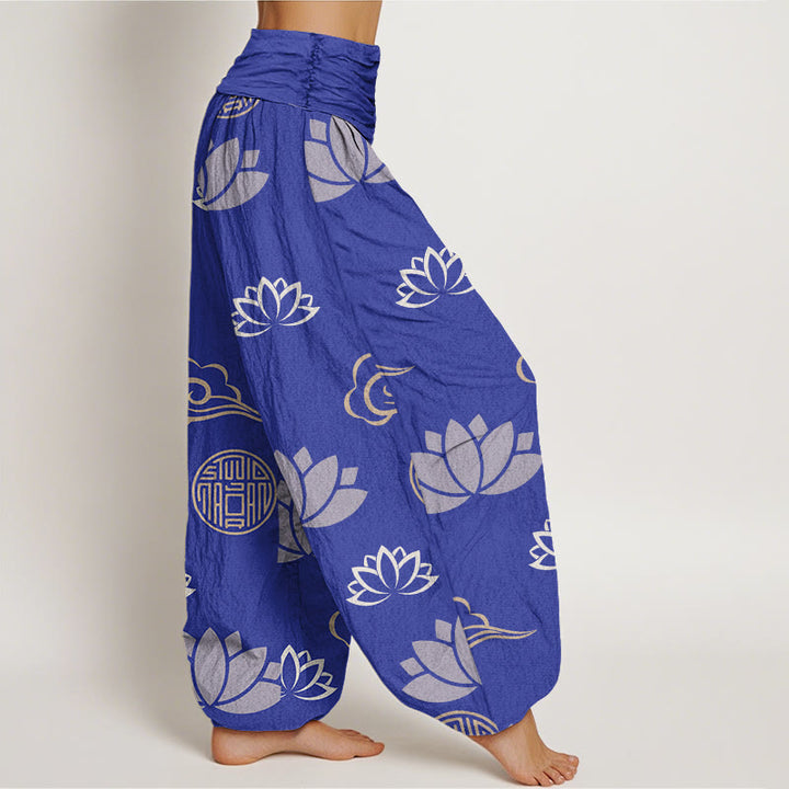 Pantalon Buddha Stones décontracté pour femme avec motifs de fleurs de lotus, lanternes et nuages - image 7