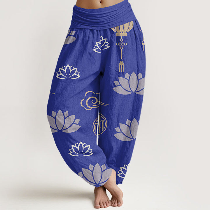 Pantalon Buddha Stones décontracté pour femme avec motifs de fleurs de lotus, lanternes et nuages - Bleu ardoise - US22，UK/AU26，EU54 (6XL) - image 4