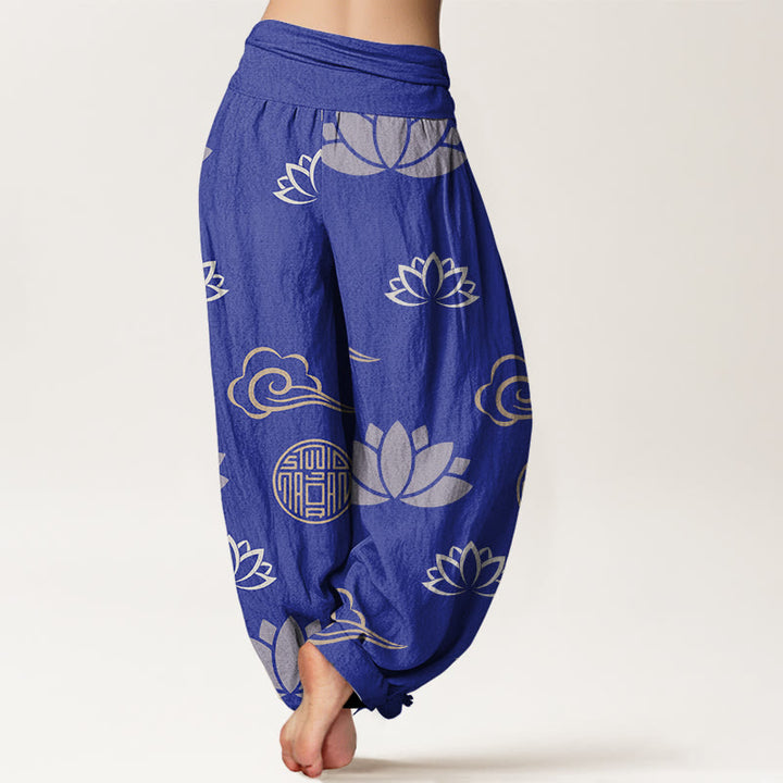 Pantalon Buddha Stones décontracté pour femme avec motifs de fleurs de lotus, lanternes et nuages - image 5
