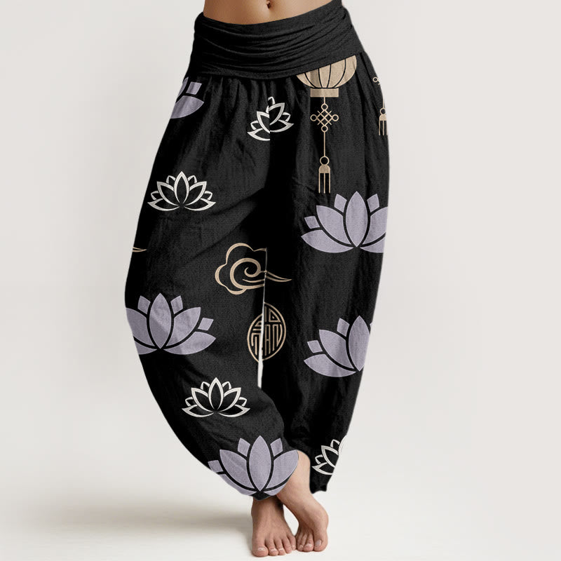 Pantalon Buddha Stones décontracté pour femme avec motifs de fleurs de lotus, lanternes et nuages - Noir - US22，UK/AU26，EU54 (6XL) - image 8