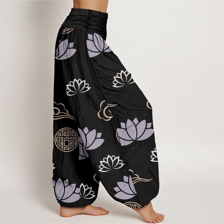 Pantalon harem femme en coton décontracté à motif de Buddha Stones, fleurs de lotus, lanternes et nuages - image 9