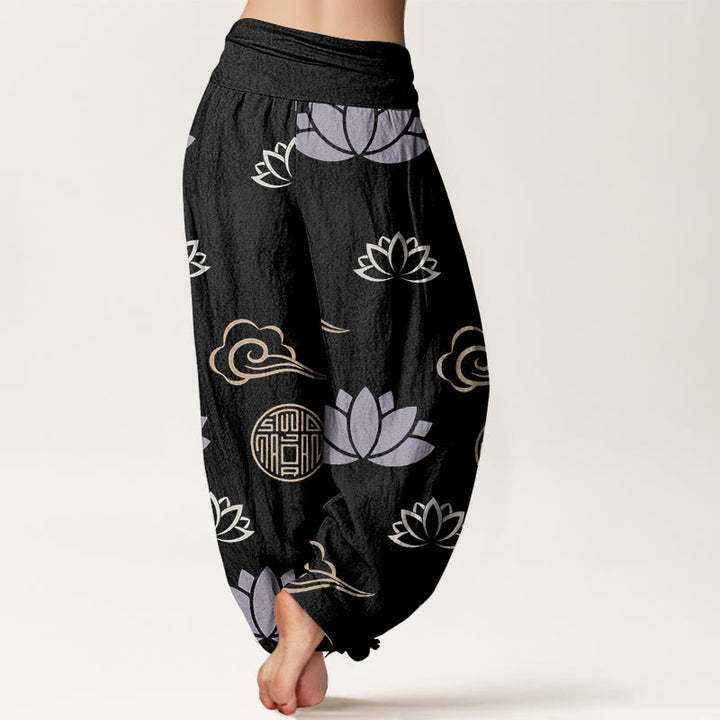 Pantalon harem femme en coton décontracté à motif de Buddha Stones, fleurs de lotus, lanternes et nuages - image 8