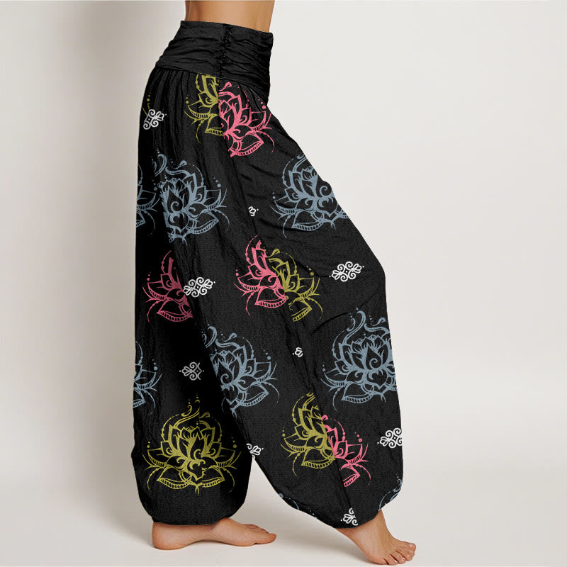 Pantalon sarouel décontracté pour femme avec motifs de fleurs de lotus et Buddha Stones , couleurs variées - image 3