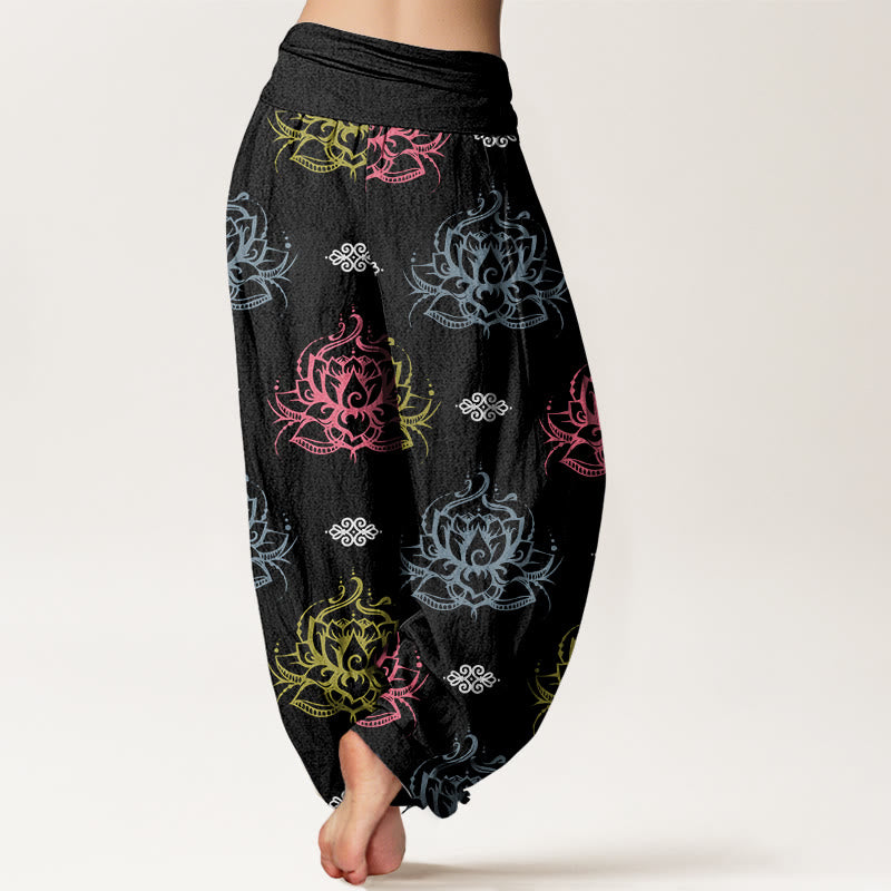 Pantalon sarouel décontracté pour femme avec motifs de fleurs de lotus et Buddha Stones , couleurs variées - image 1