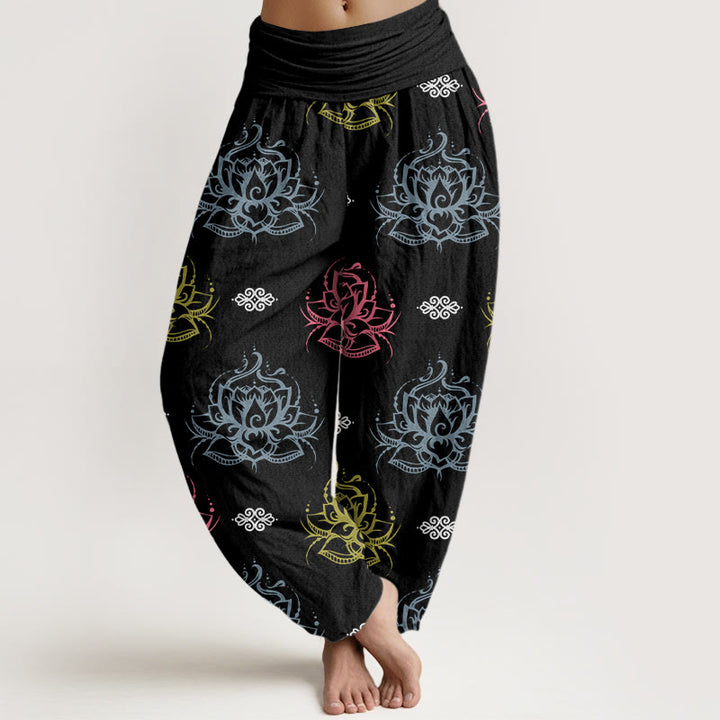 Pantalon sarouel décontracté pour femme avec motifs de fleurs de lotus et Buddha Stones , couleurs variées - Noir - US22，UK/AU26，EU54 (6XL) - image 0