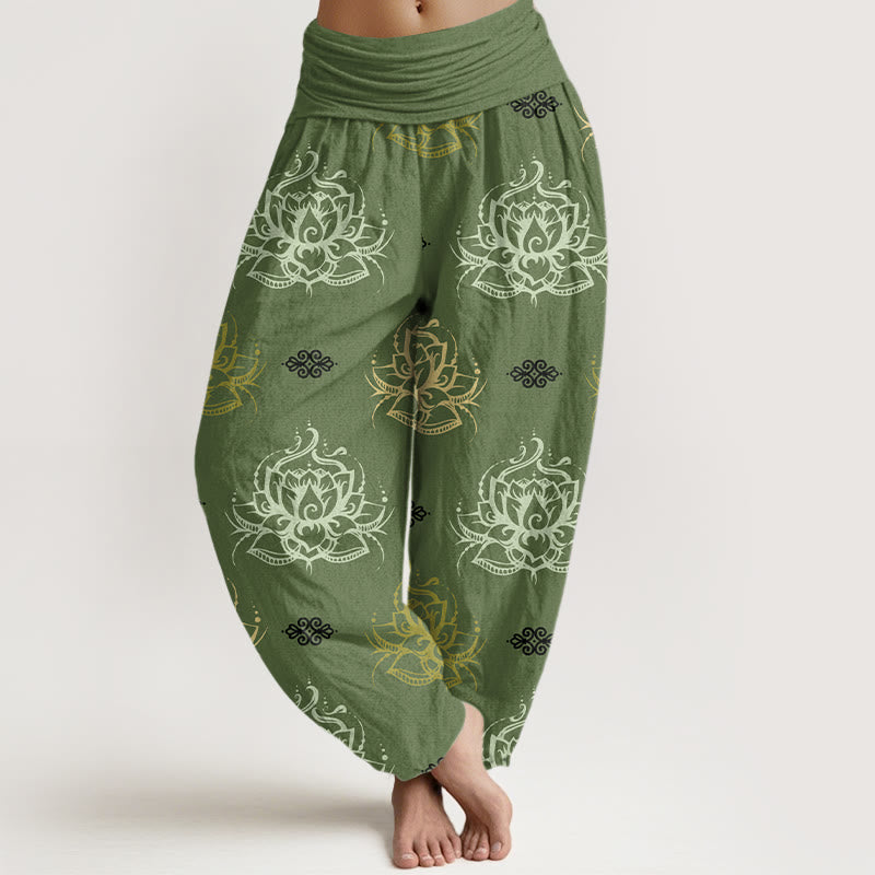 Pantalon harem femme en coton décontracté avec motif de fleurs de lotus et Buddha Stones, disponible en plusieurs couleurs - Vert olive - US22，UK/AU26，EU54 (6XL) - image 4