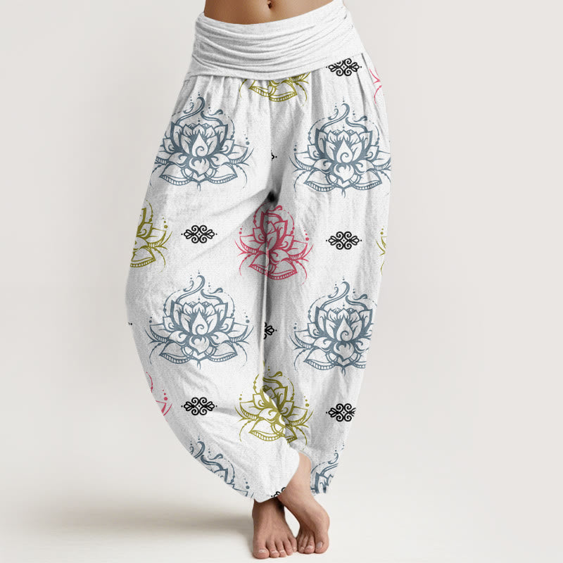 Pantalon sarouel décontracté pour femme avec motifs de fleurs de lotus et Buddha Stones , couleurs variées - Blanc - US22，UK/AU26，EU54 (6XL) - image 8