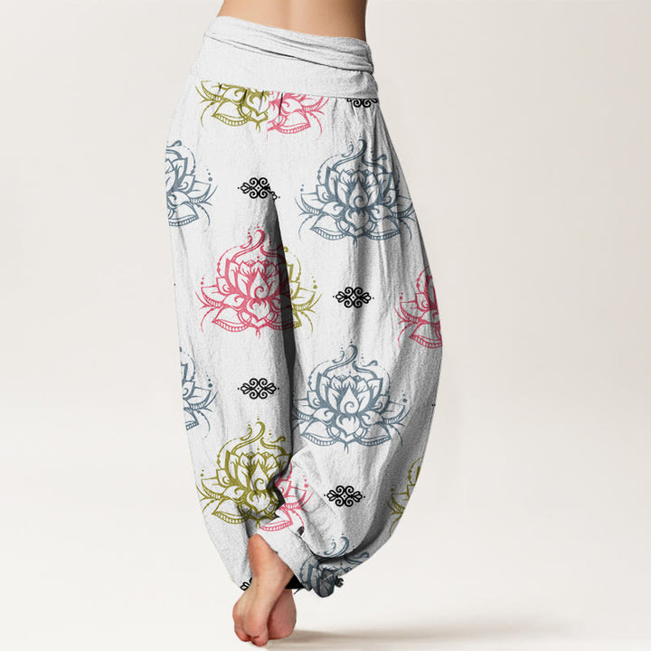Pantalon sarouel décontracté pour femme avec motifs de fleurs de lotus et Buddha Stones , couleurs variées - image 9