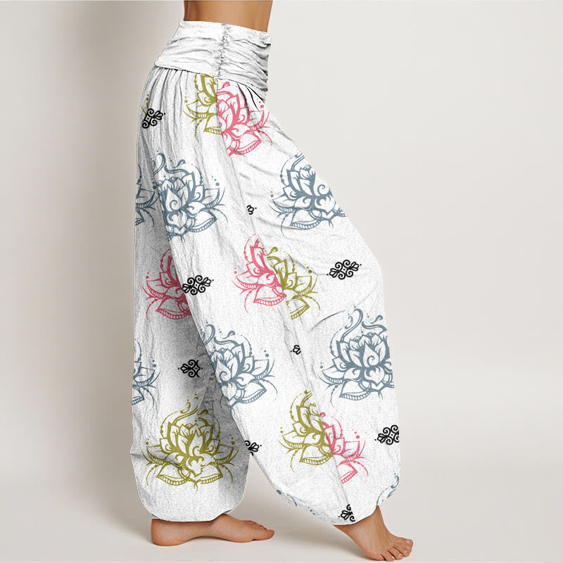 Pantalon sarouel décontracté pour femme avec motifs de fleurs de lotus et Buddha Stones , couleurs variées - image 10