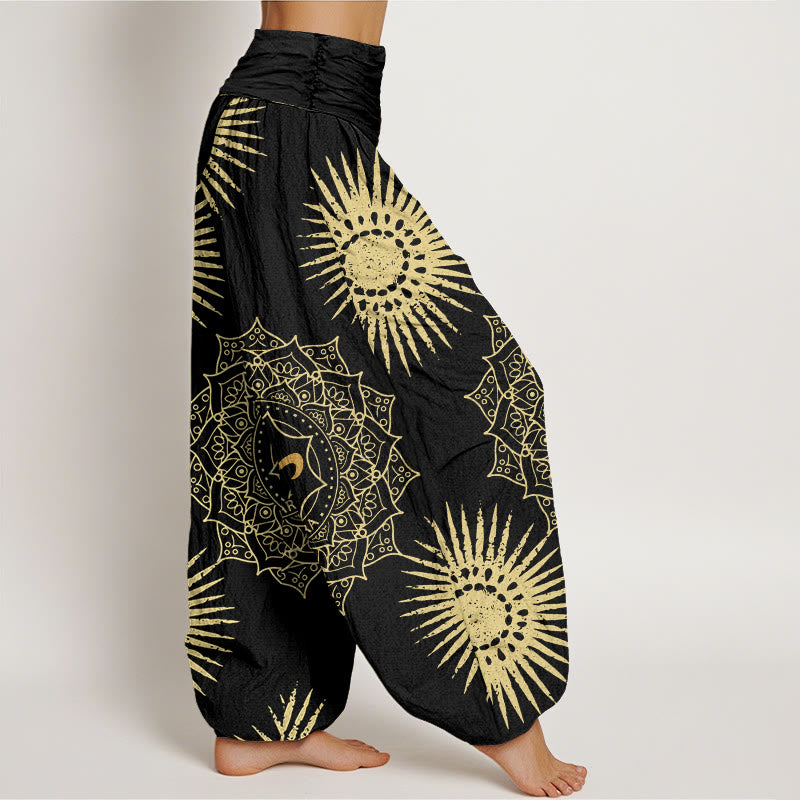 Pantalon harem femme en coton décontracté avec motif mandala Om et symbole soleil, orné de Buddha Stones - image 2