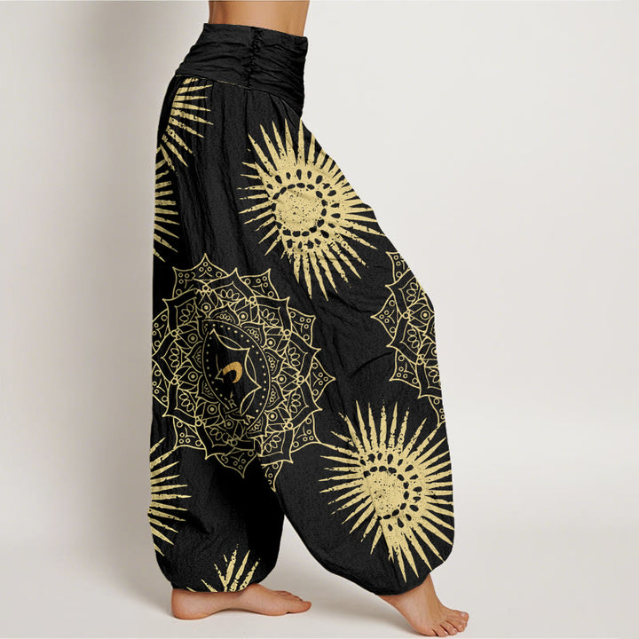 Pantalon harem femme en coton décontracté avec motif mandala Om et symbole soleil, orné de Buddha Stones - image 2
