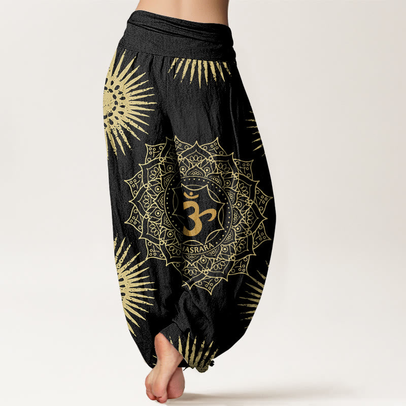 Pantalon harem femme en coton décontracté avec motif mandala Om et symbole soleil, orné de Buddha Stones - image 1