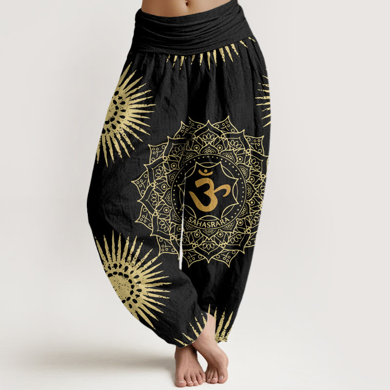 Pantalon harem femme en coton décontracté avec motif mandala Om et symbole soleil, orné de Buddha Stones - Noir - US22，UK/AU26，EU54 (6XL) - image 0